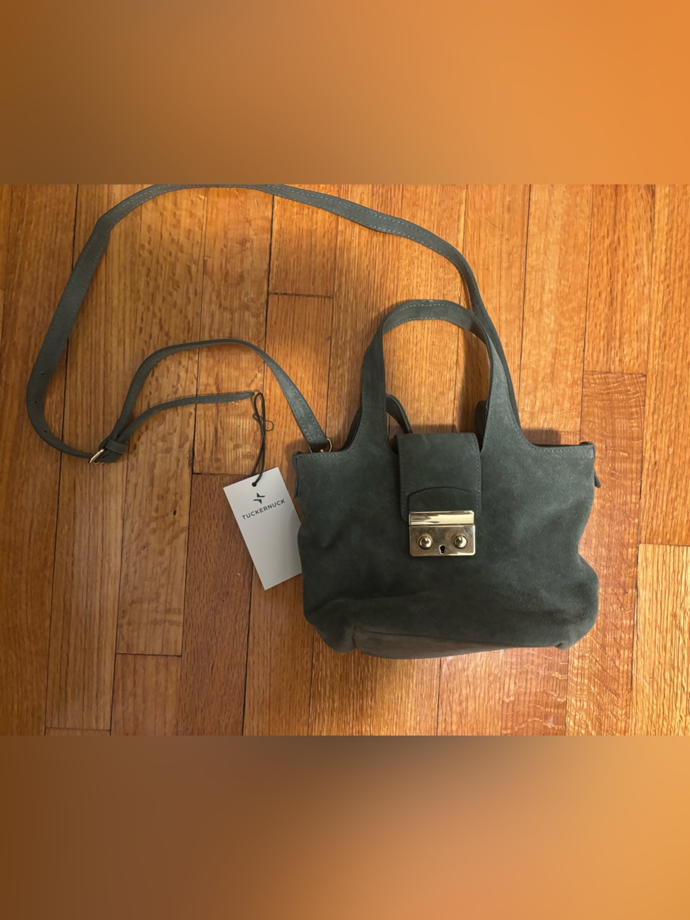 Tuckernuck Dark Green Suede Crossbody Bag with Gold Hardware